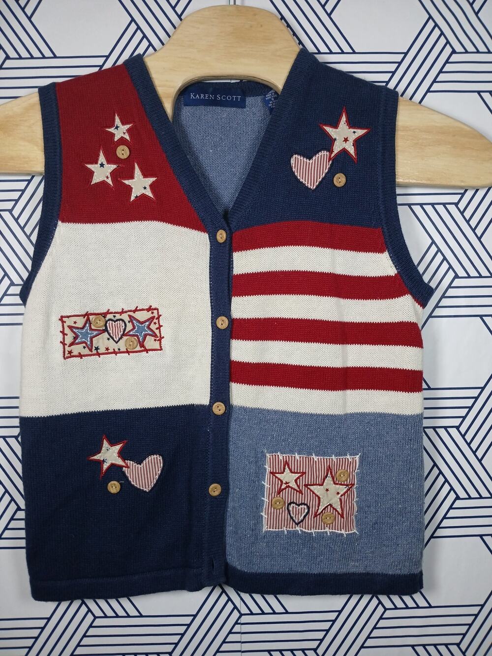 Karen Scott Americana Sweater Vest Red White Blue Cottagecore Preppy Patriotic